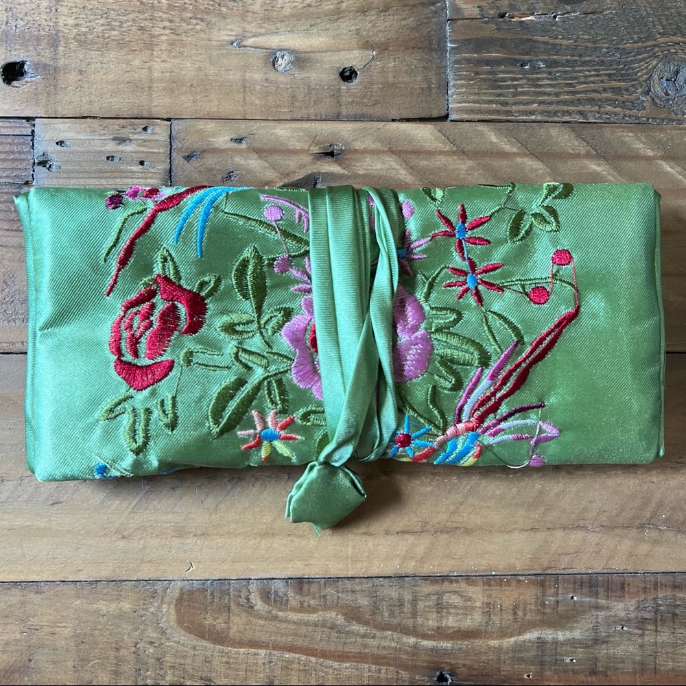 Green Embroidered Jewelry Roll